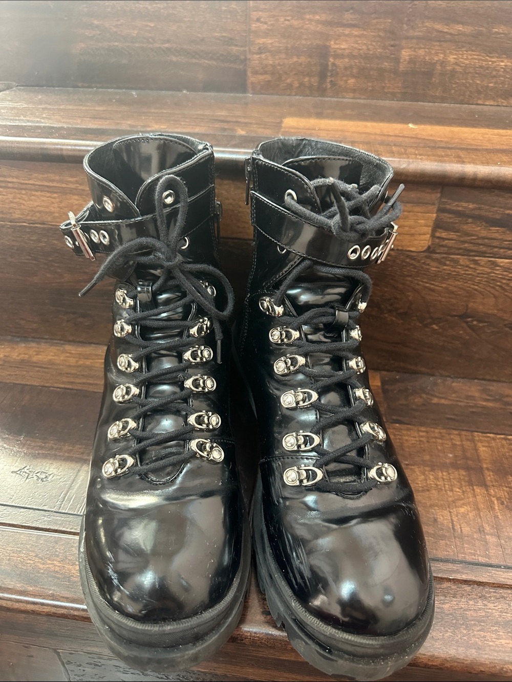 Jeffrey Campbell Black Patent Lace-Up Lug Boot with Buckle - Picture 6 of 9